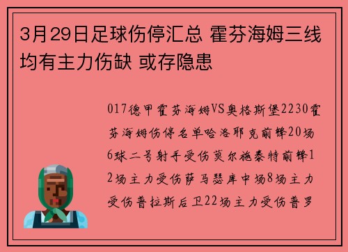 3月29日足球伤停汇总 霍芬海姆三线均有主力伤缺 或存隐患