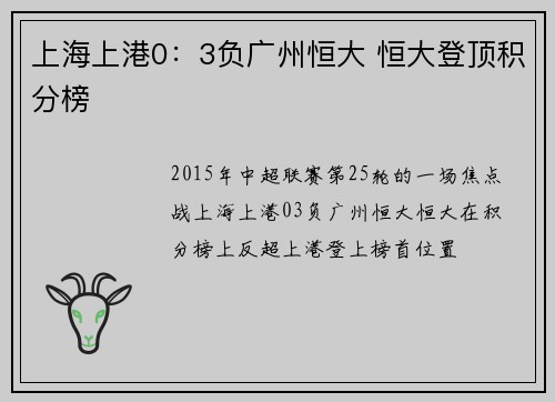 上海上港0：3负广州恒大 恒大登顶积分榜